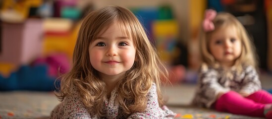 Wall Mural - Portrait of a little girl with blonde hair smiling, looking at the camera, in a playroom with a colorful background, and another little girl in the background.