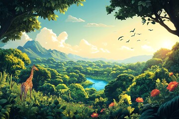 A giraffe stands in a lush green forest overlooking a river and mountains in the distance, with birds flying overhead and a bright blue sky.