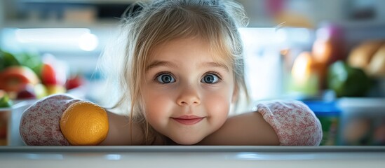 Wall Mural - A young girl peering into the fridge with a curious expression, holding a lemon in her hand.