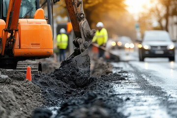 A construction site with a large orange excavator digging up the road