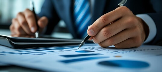 Poster - Businessman writing on legal business document. Company finance economy.  Generative AI technology.	
