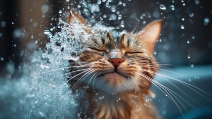 Wall Mural - An amusing shot of a cat shaking off water after a bath, droplets flying in all directions, capturing the playful and energetic nature of felines post-bath.