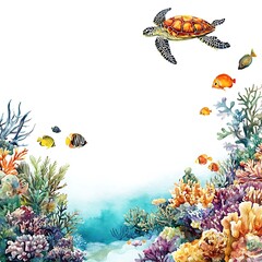 Poster - Watercolor Painting of a Sea Turtle and Tropical Fish Swimming Above Colorful Coral Reefs.