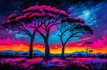 Wall Mural - neon silhouettes of acacia trees a vibrant, neon oil painting featuring watercolor vector painting a