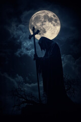 Grim reaper holding cross standing on stone over dead tree, full moon and cloudy sky, Halloween mystery concept