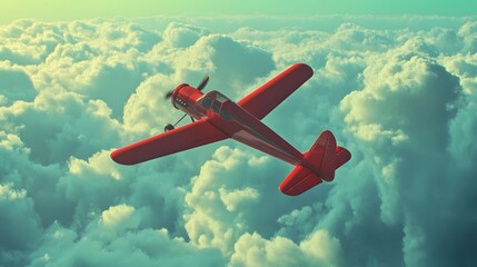 Red airplane in the clouds on a green background.-3d render. 