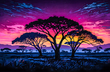 Wall Mural - neon silhouettes of acacia trees a vibrant, neon oil painting featuring watercolor vector painting a