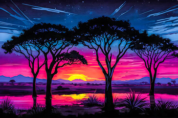 Wall Mural - neon silhouettes of acacia trees a vibrant, neon oil painting featuring watercolor vector painting a