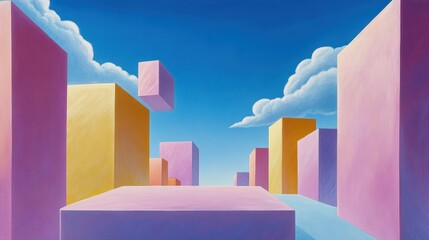 Poster - A painting of a city with colorful buildings and sky, AI