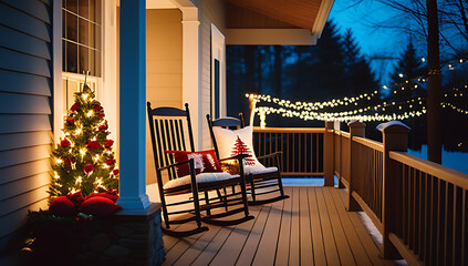 warm christmas porch wooden rocking chair holiday pillows