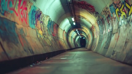 Aufkleber - An artistic perspective of the long, curved walls of a subway tunnel, featuring graffiti art and vibrant colors, showcasing urban creativity and culture.