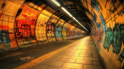 Aufkleber - An artistic perspective of the long, curved walls of a subway tunnel, featuring graffiti art and vibrant colors, showcasing urban creativity and culture.