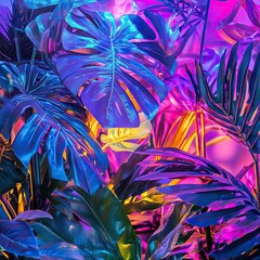 Wall Mural - Vibrant tropical leaves illuminated by colorful lights, creating a striking visual effect and exotic atmosphere.