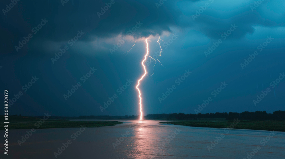 A powerful lightning bolt splits the night sky, striking down over a ...