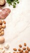 © MP-AI - Assorted fresh ingredients on a marble surface, including meat, eggs, nuts, and herbs, perfect for culinary use.