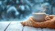 © practice  - Steaming coffee on a frosty wooden table, bundled in a scarf, set against a picturesque snowy landscape.