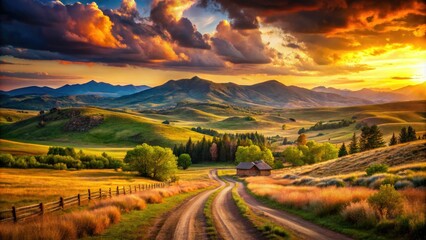 Wall Mural - At sunset, a rustic Western scene reveals rolling hills and dusty trails, with distant mountain ranges glowing in warm colors, creating a serene, picturesque tableau.