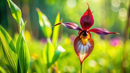 A vibrant close-up captures a large duck orchid flourishing amid lush greenery, illuminated by gentle natural light, showcasing its intricate details and vibrant colors.