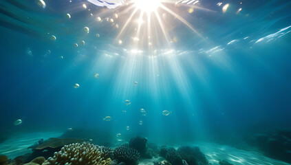 underwater scene sun rays shining clear water bubbles rising