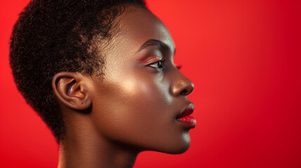 African model, short hair, side view, close-up isolated on red background