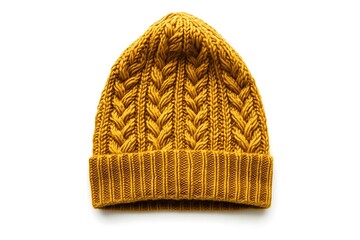 knitted dark yellow hat isolated on white background.