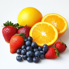 Sticker - A vibrant assortment of fresh fruits featuring strawberries, blueberries, and oranges. The bright colors create an appetizing scene. Perfect for health and wellness themes. AI