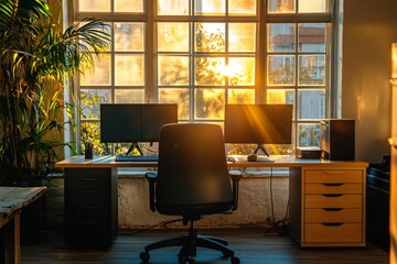 Wall Mural - Sunlit Office Desk with Computer Monitors and Chair