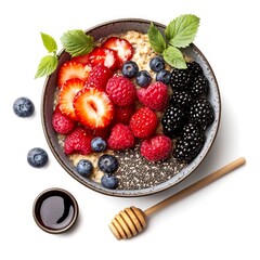 Poster - A vibrant bowl of oatmeal topped with fresh berries including strawberries, raspberries, blueberries, and blackberries. Perfect for a healthy breakfast or snack. 