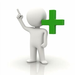 3d man showing okay gesture with green plus sign isolated over white background with reflection