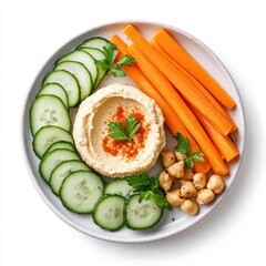 Canvas Print - Fresh veggie platter featuring creamy hummus for dipping. Includes sliced cucumbers and carrots arranged beautifully. Perfect for healthy snacks or parties. AI