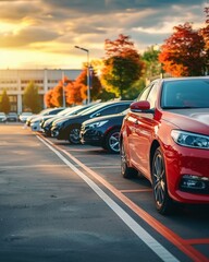 Car parked at outdoor parking lot. Used car for sale and rental service. Car insurance background. Automobile parking area. Car dealership and dealer agent concept. Automotive industry. Electric auto