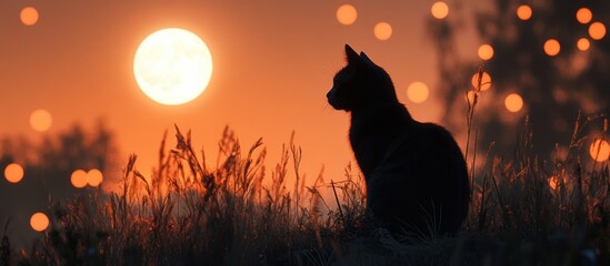 Poster - Silhouette of a cat sitting in tall grass with a large full moon and bokeh background at sunset.