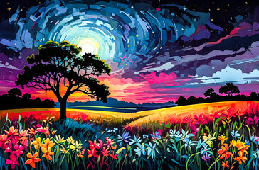 Wall Mural - an oil painting with rich, vivid colors of savannah flowers blooming in the moonlight. the sky is fi