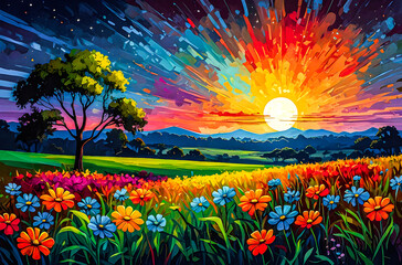 Wall Mural - an oil painting with rich, vivid colors of savannah flowers blooming in the moonlight. the sky is fi
