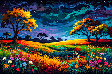 Wall Mural - an oil painting with rich, vivid colors of savannah flowers blooming in the moonlight. the sky is fi