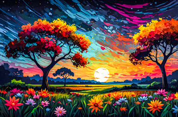 Wall Mural - an oil painting with rich, vivid colors of savannah flowers blooming in the moonlight. the sky is fi
