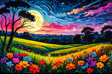 Wall Mural - it is an oil painting with rich, vivid colors of savannah flowers blooming in the moonlight. the sky