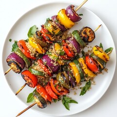 Wall Mural - Colorful vegetable skewers served on a white plate. Perfect for healthy meals, barbecues, or dinner parties. Bright colors and fresh ingredients showcase vibrant food styling. AI