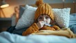 © akarawit - A young child in a cozy yellow outfit, holding a thermometer, gazes curiously at the camera while resting in bed, enveloped in soft blankets and a warm atmosphere of wellness.