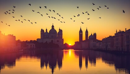 Wall Mural - Venetian canal at sunset showcasing historic architecture and vibrant reflections