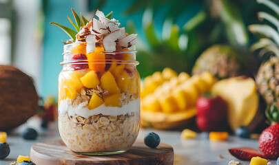 closeup of tropical coconut overnight oats in a mason jar, showcasing layers of oats, coconut, and f