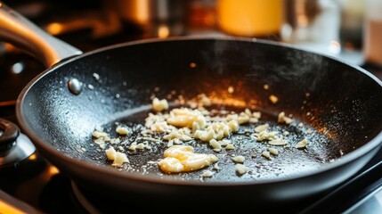 Wall Mural - An inviting shot of a hot skillet with melted butter and garlic sizzling, perfect for preparing delicious dishes, set against a bright kitchen backdrop.