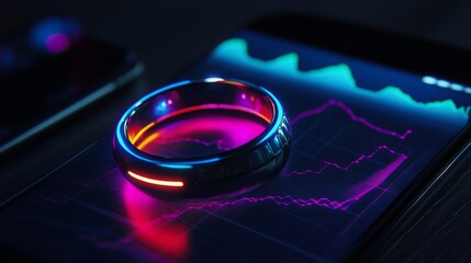 Aufkleber - A smart ring rests on a smartphone displaying colorful health metrics and data analytics. The background is dimly lit, emphasizing the vibrant colors of the ring and the screen.