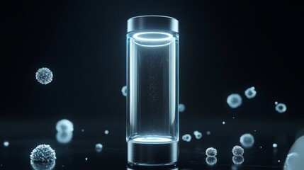 Poster - A glass cylinder with a glowing ring sits on a dark surface. Several small, white orbs surround the cylinder. The orbs appear to be floating.