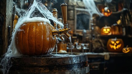 A spooky bar scene with a pumpkin tap and Halloween decorations.