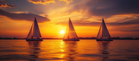 Wall Mural - Three sailboats sail across a calm lake at sunset, with a golden sky reflecting on the water.