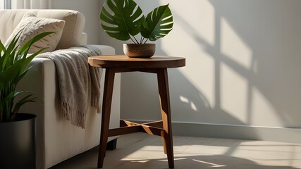 Wooden round side table with green tropical plant leaves with beautiful sun light and shadow on white wal Generative AI