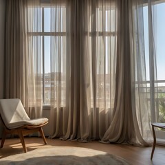 Curtains barely visible, suggested only by abstract, flowing lines in motion, symbolizing the gentle breeze of an open window in a minimal room