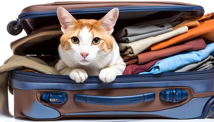 Wall Mural - Curious cat lounging inside a brown leather travel bag