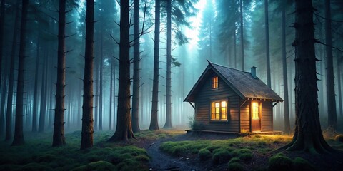 Wall Mural - low angle view of empty cabin with illuminated window in misty woods, creating a lonely and creepy a